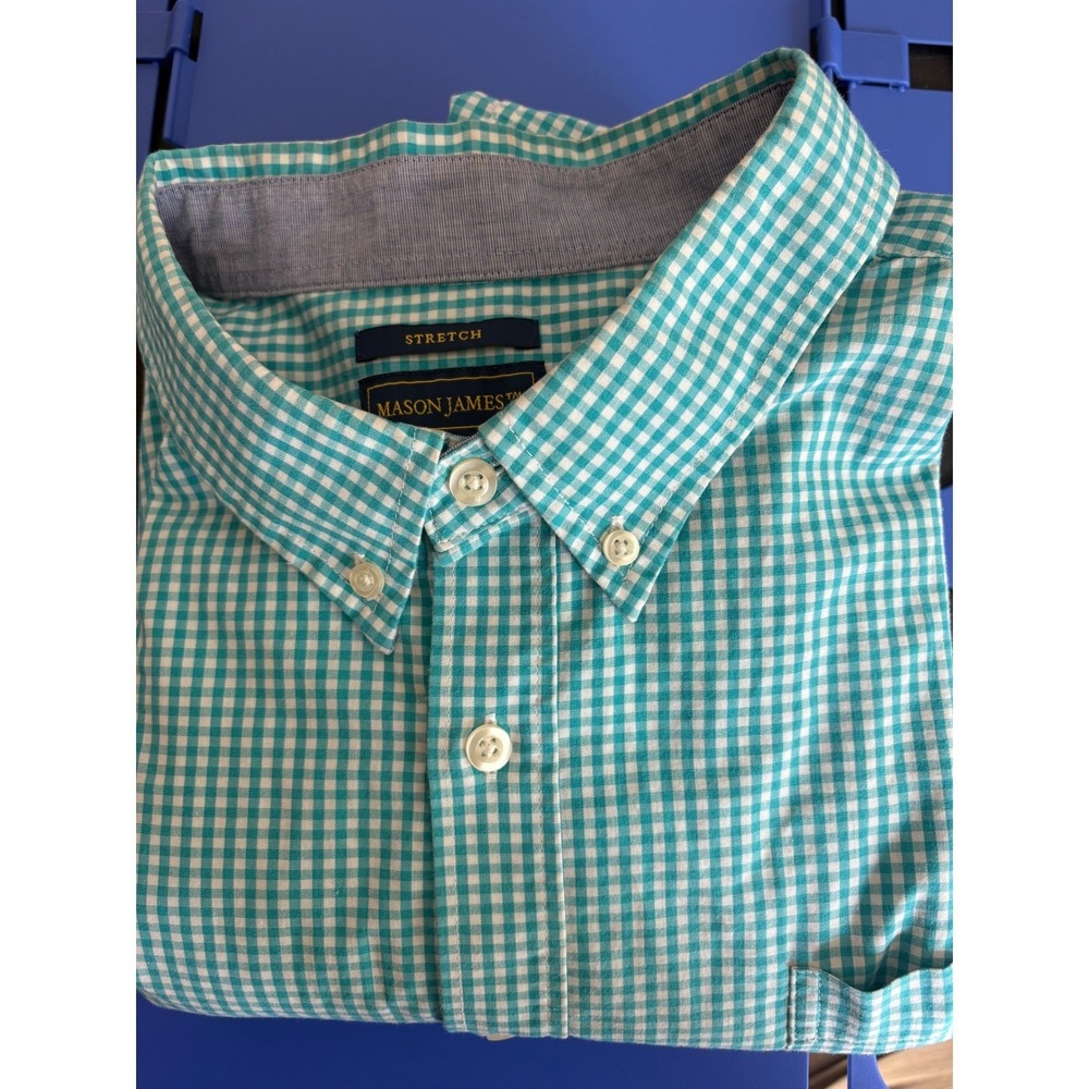 Mason James Mens XXL Teal Gingham Check Stretch Button Down Shirt Long Sleeve